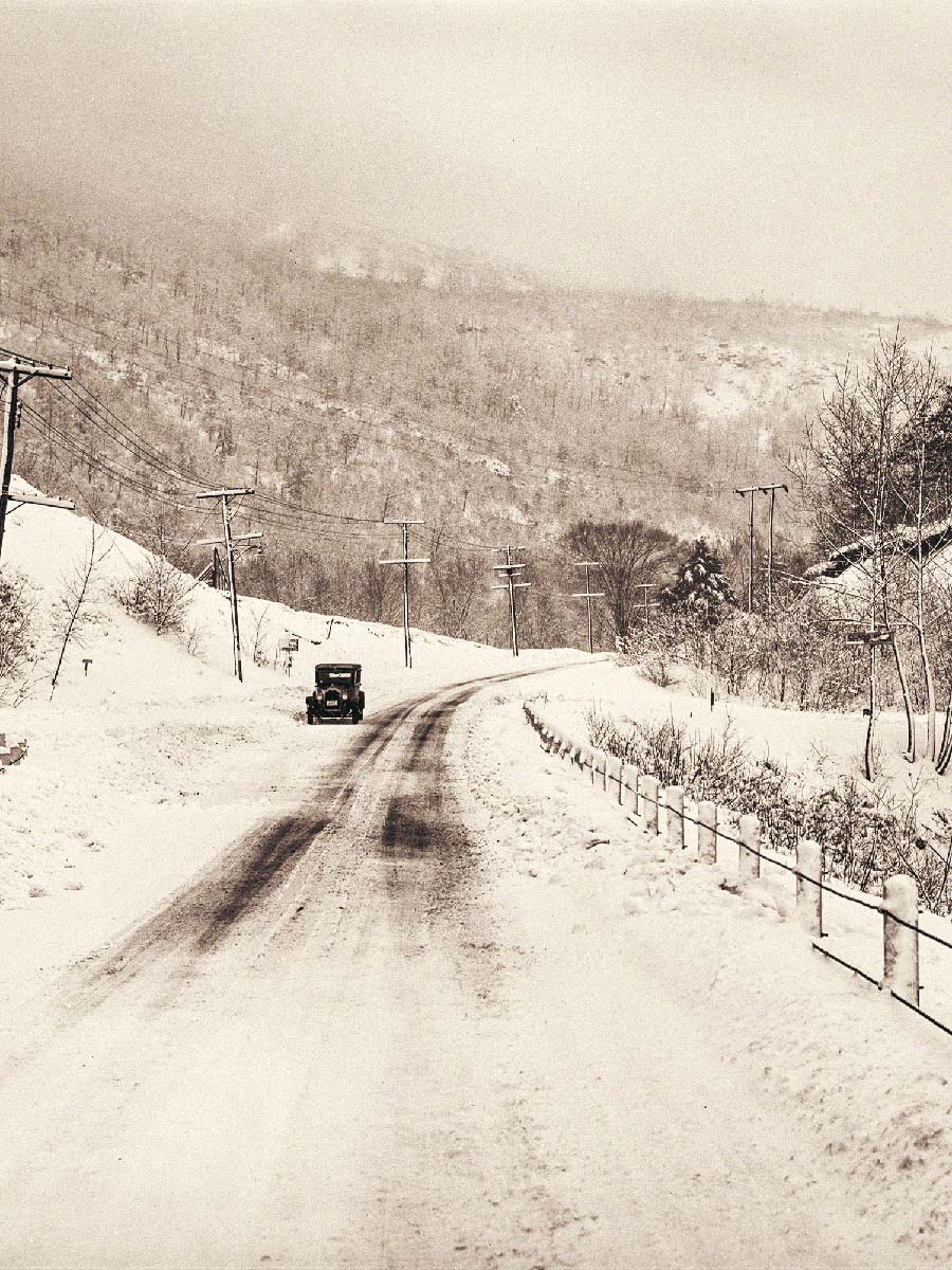 Wintery Mountain Road 1920s Car